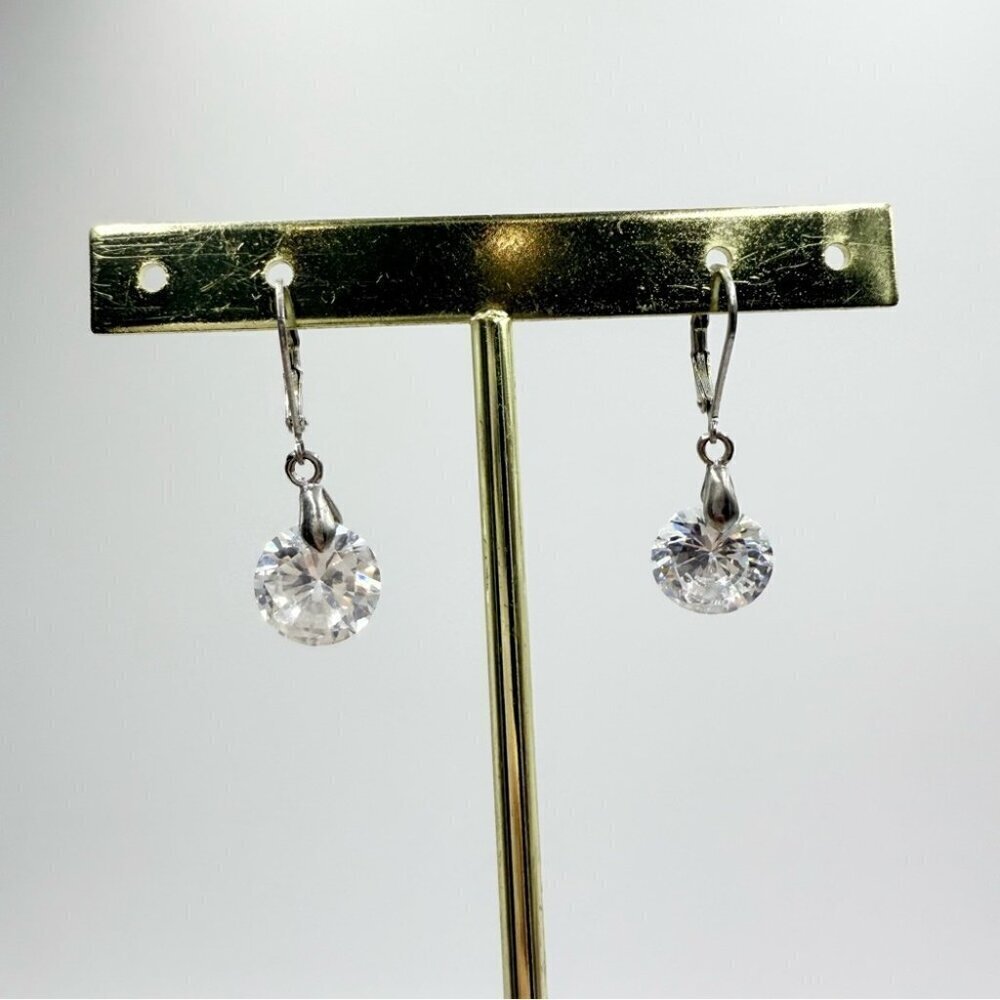 Silver Tone Round White Crystals Dangle Hook Stud Earrings